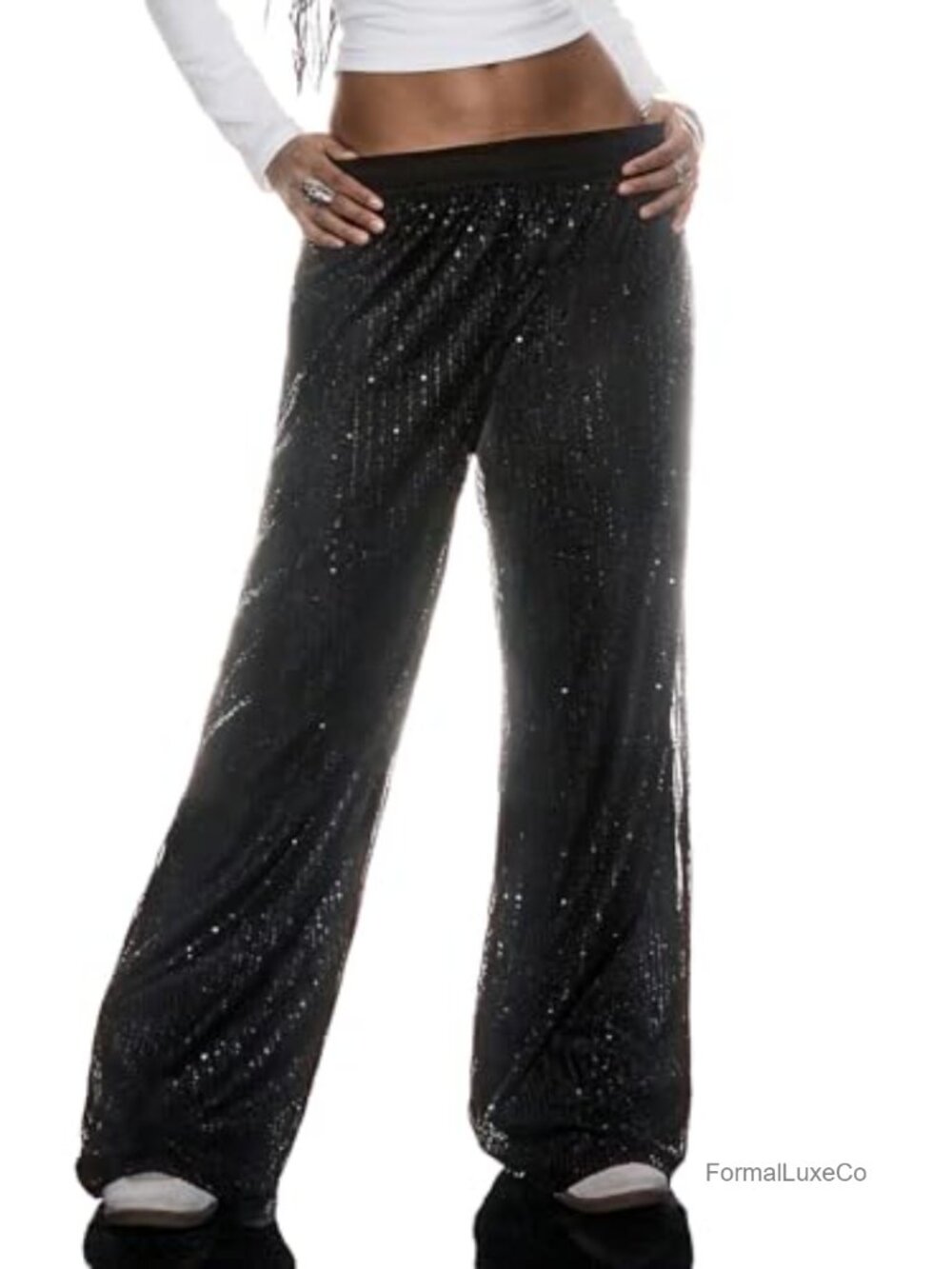 Sequin Wide Leg Concert Pants Elastic Waist Low Rise Party Night Out